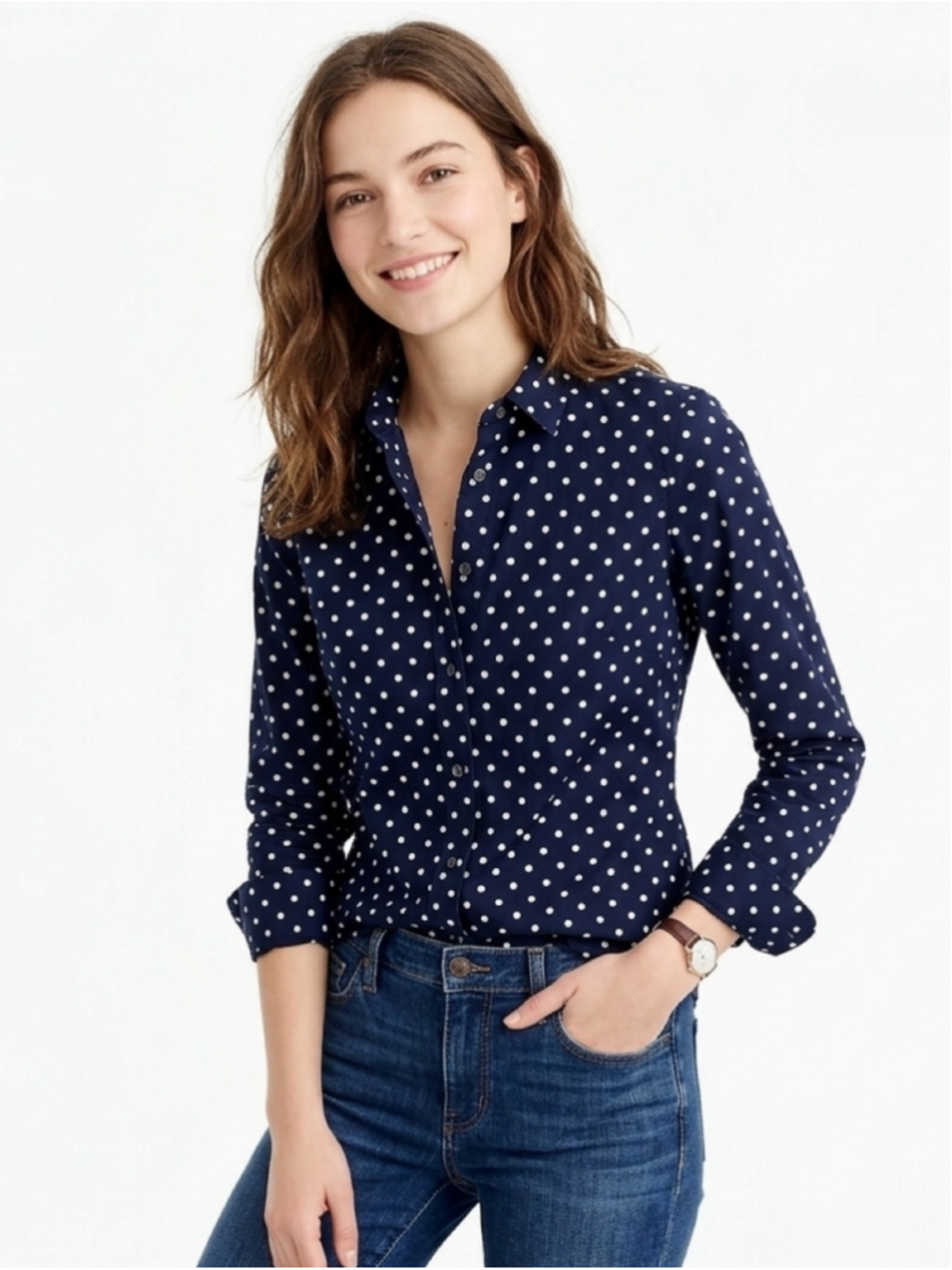 Women's J.Crew Size 00 Perfect Shirt Navy Blue Foil Polka Dot LS Button Down 863